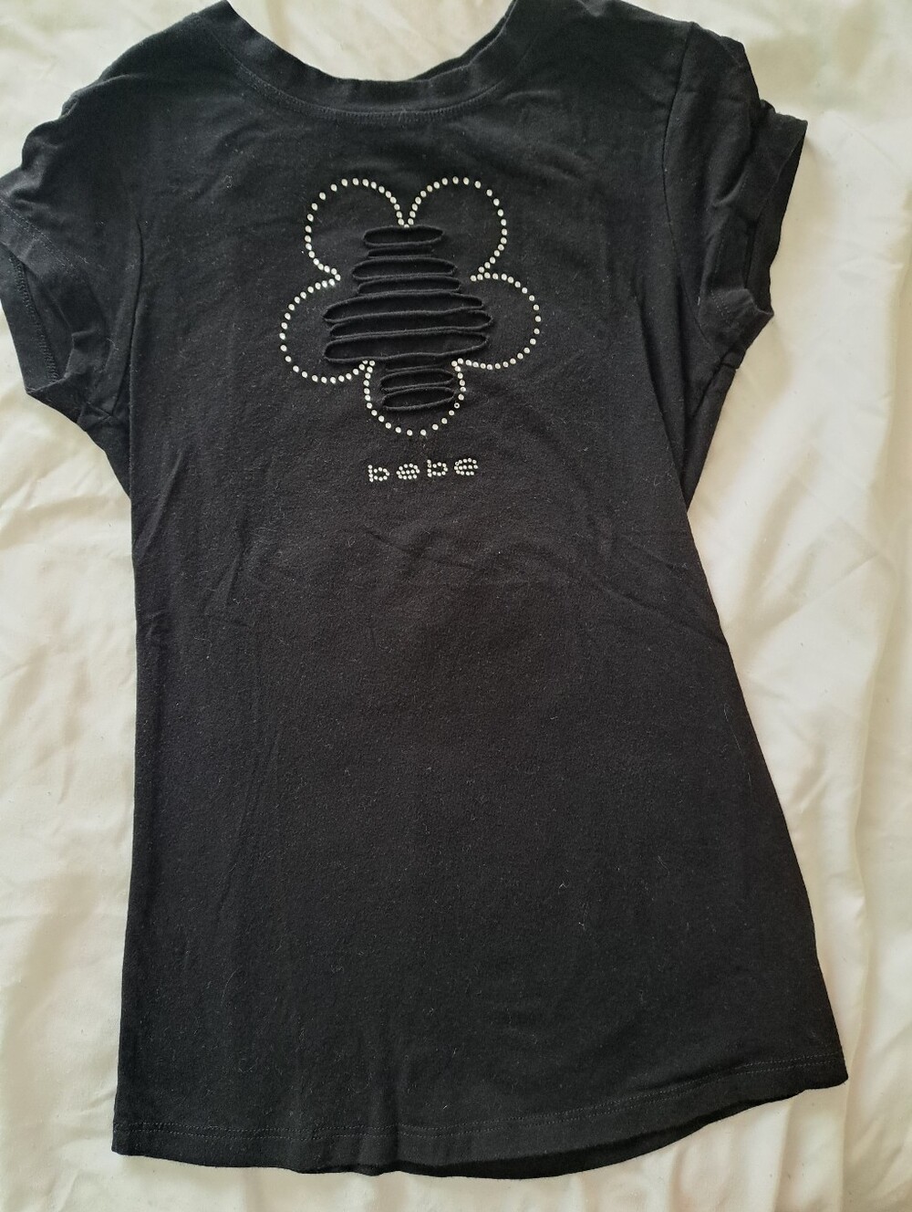 bebe Black Short Sleeve Rhinestone Clover Tee